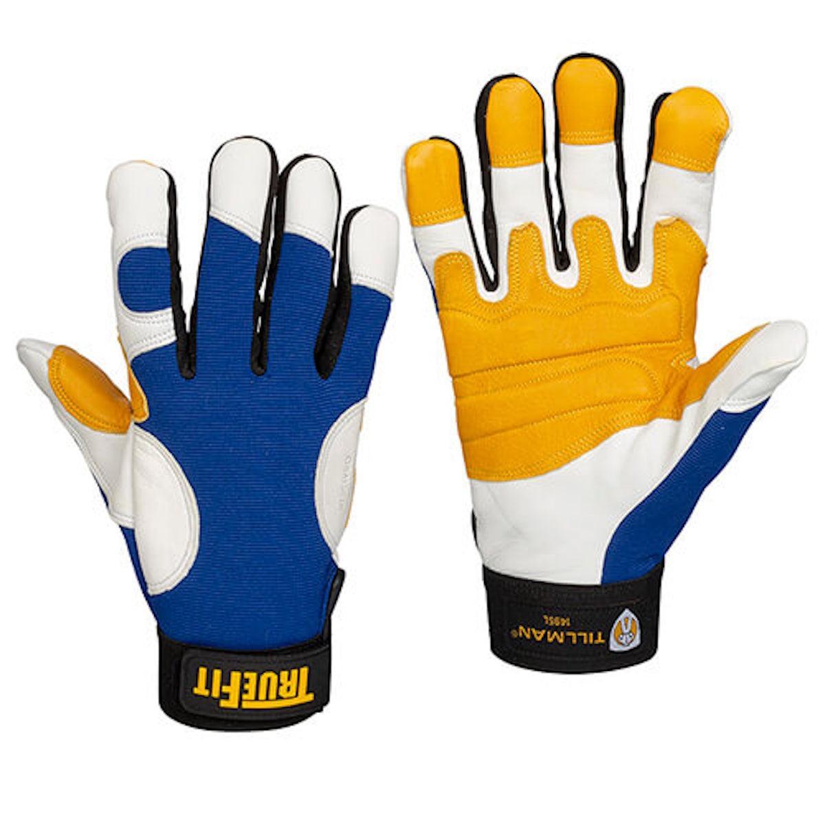 Tillman 1495 TrueFit Ultra gloves, blue/yellow/white/black, displayed palm up and palm down.