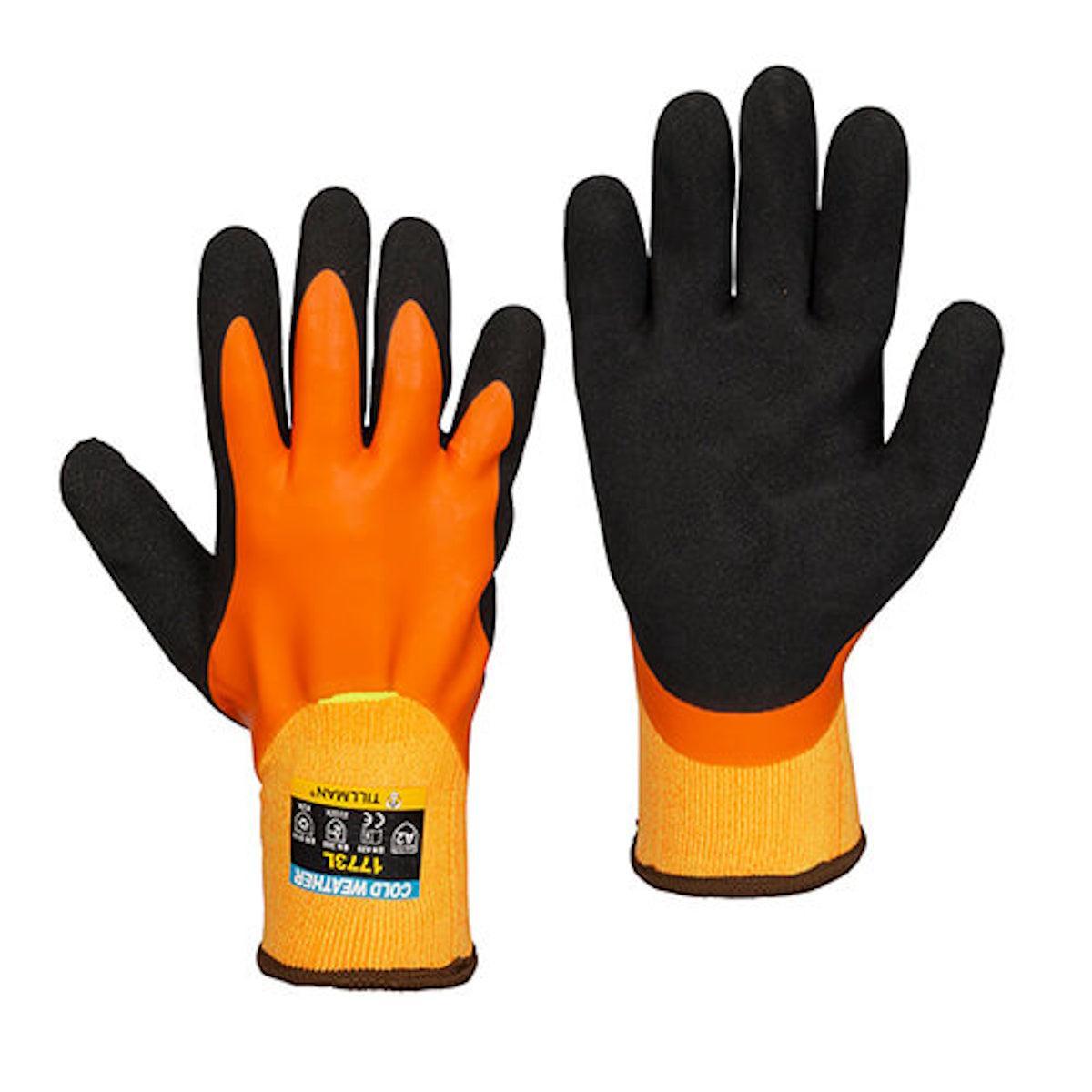 Tillman 1773 gloves offer orange/black hi-vis design, textured palms, and ANSI A2 cut resistance for cold weather work.