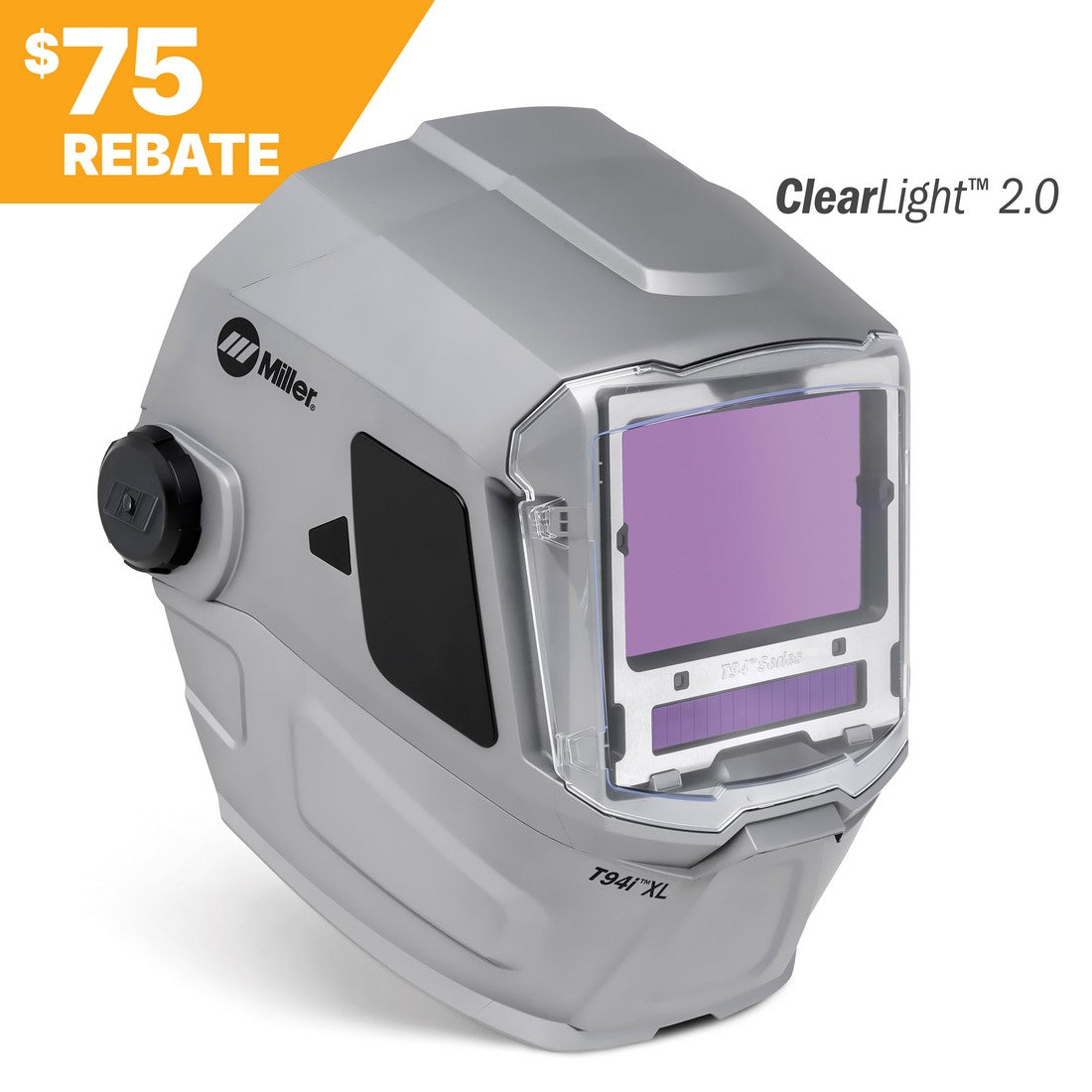 Miller T94i XL Welding Helmet 287768 – 75 rebate, Clearlight 2.0 lens with tech visible in upper corners.