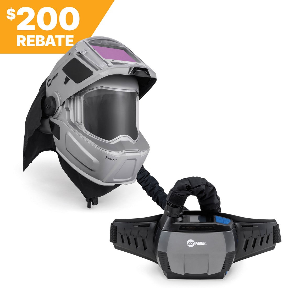Miller PAPR II System T94i-R XL Helmet SKU, 200 rebate banner top left, hexavalent chromium protection.