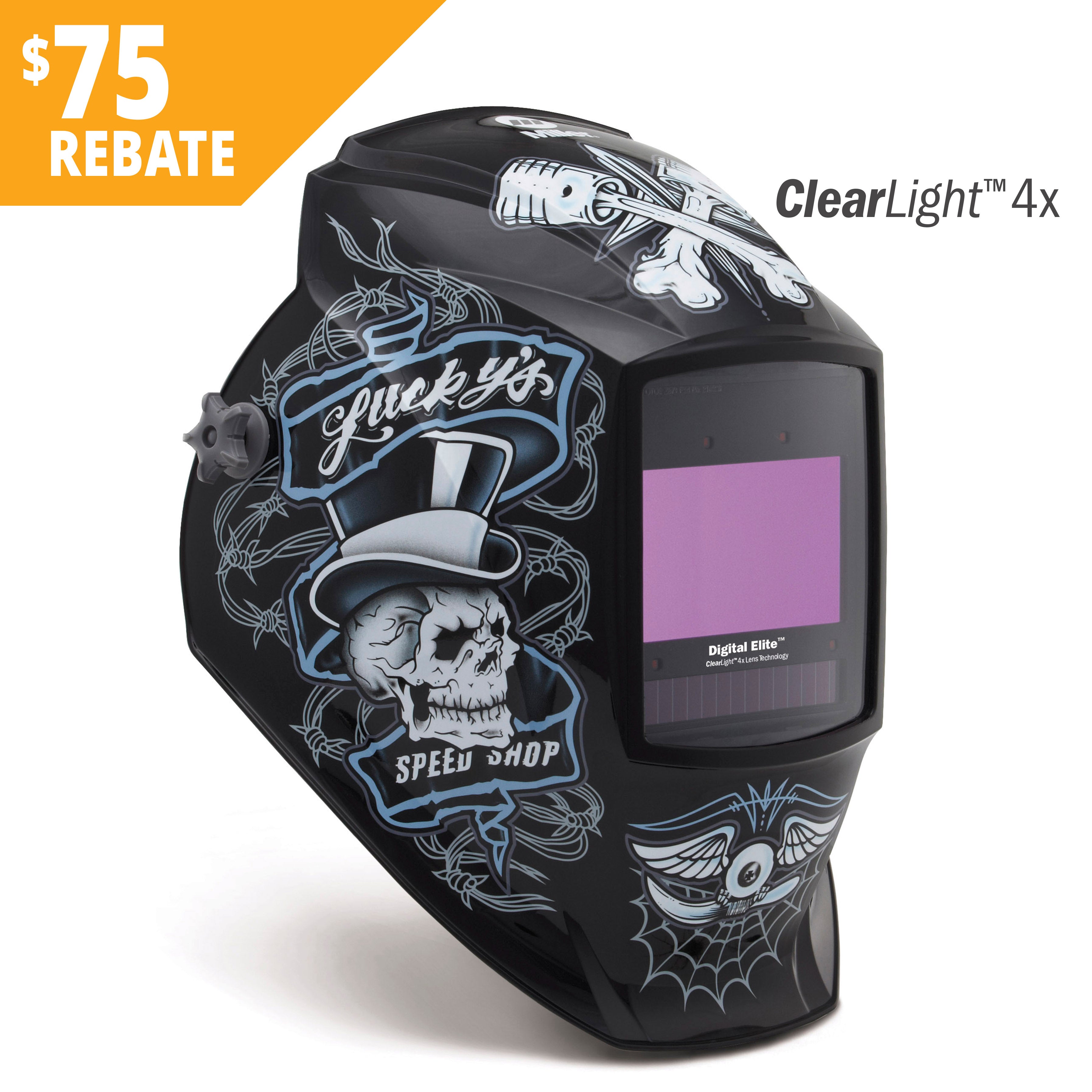 miller digital elite lucky's speed shop welding helmet w/clearlight 4x lens
