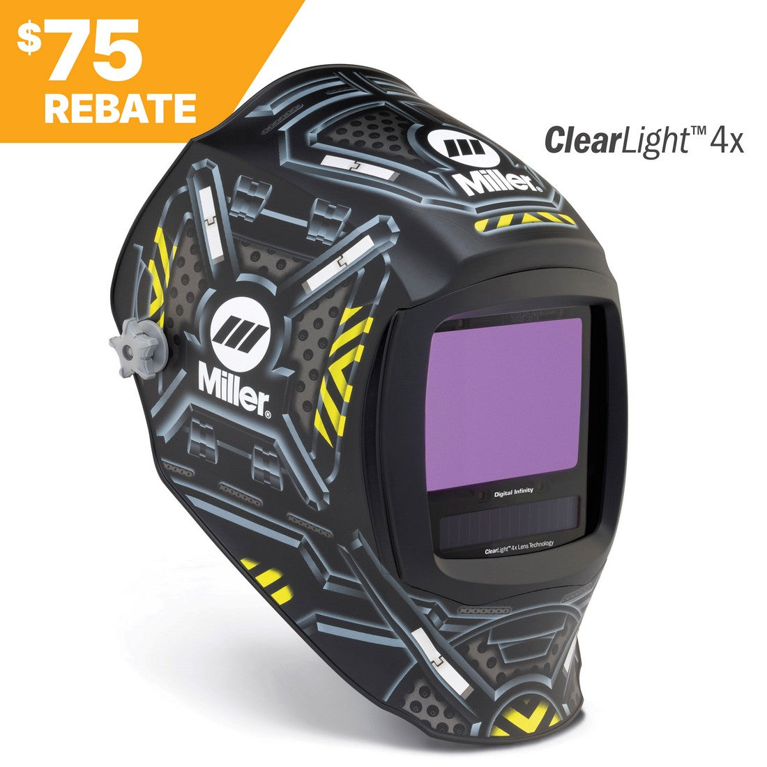 Miller Digital Infinity Black Ops Welding Helmet 296779 with ClearLight 4X Lens, 75 rebate label displayed in the corner.