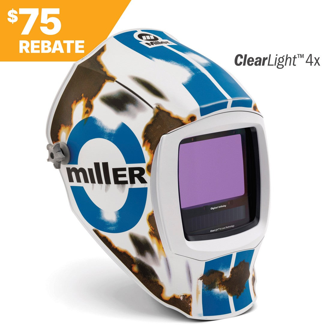 A Miller Digital Infinity Relic Welding Helmet w/ClearLight 4X Lens (296782) with blue, white, and brown design is angled right. "$75 rebate" appears top left; "ClearLight 4X lens technology," top right. Features a large viewing screen.