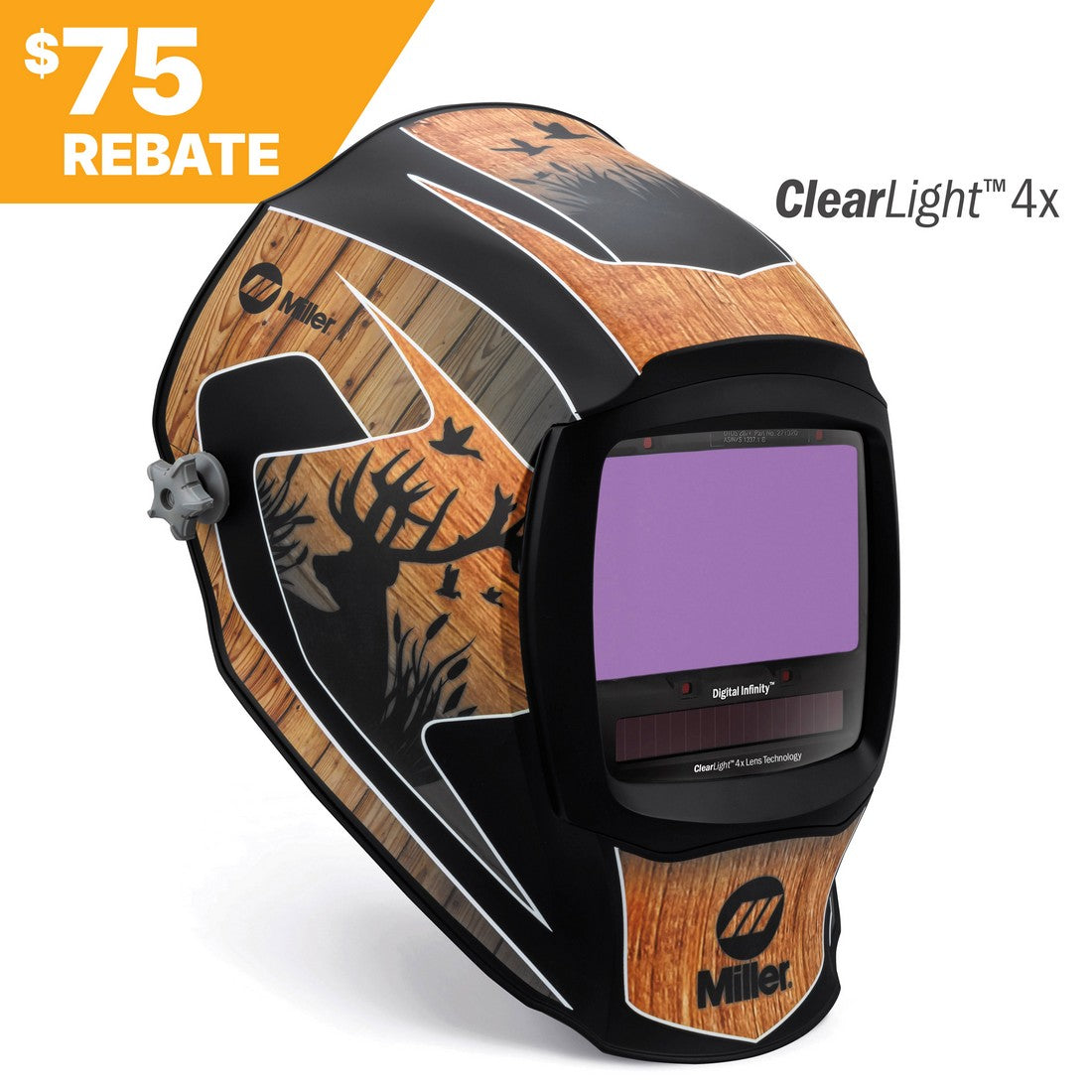 The Miller Digital Infinity Outdoorsman Welding Helmet (296783) features a woodgrain and black design with bird and deer silhouettes, a purple-tinted ClearLight 4X Lens, and a $75 rebate label in the top left corner.