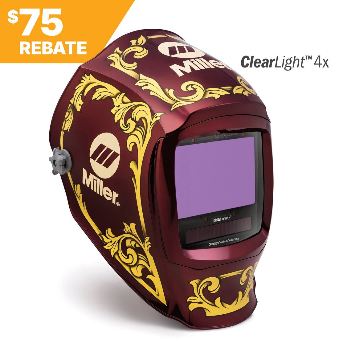 The Miller Digital Infinity Imperial Welding Helmet w/ClearLight 4X Lens (296784) features gold designs on maroon, a purple-tinted screen, and text highlighting a $75 rebate offer and ClearLight 4X Lens Technology.