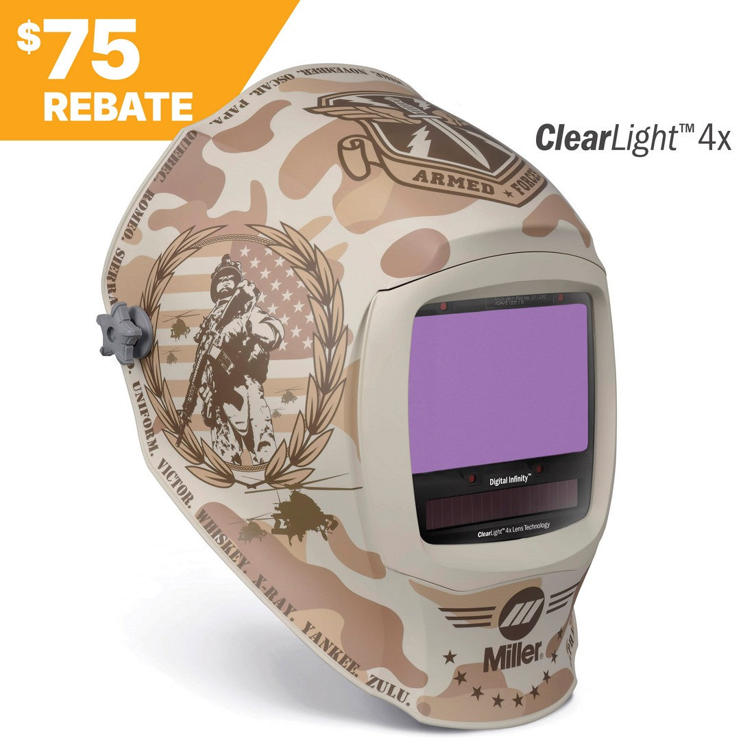 The Miller Digital Infinity Honor Welding Helmet (296785) features tan camo with military-themed graphics, a $75 rebate label in the top left corner, and ClearLight 4X Lens Technology.