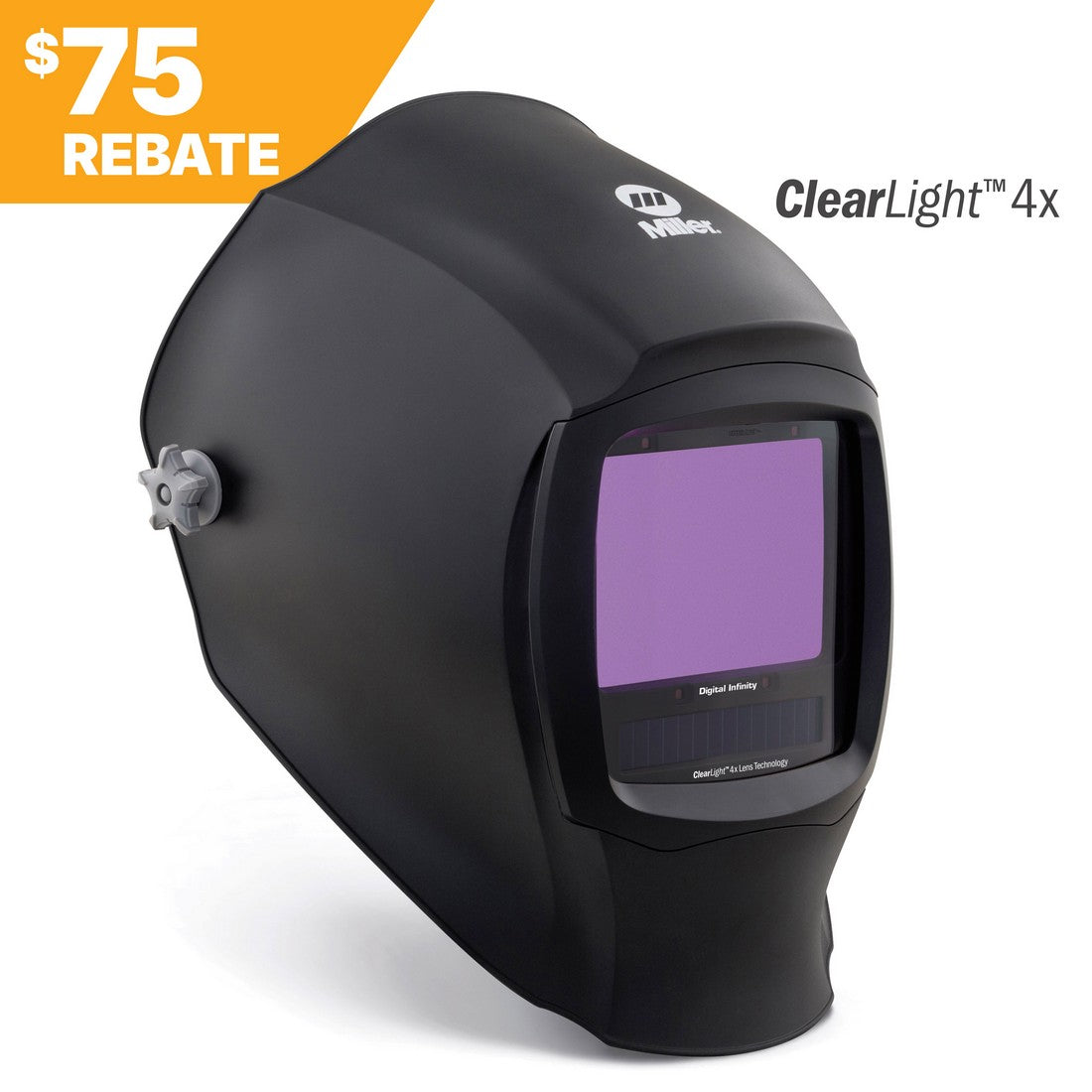 The Miller Digital Infinity Black Welding Helmet w/ClearLight 4X Lens (296786) features a large viewing screen, adjustment dial, and Miller logo above the lens. A yellow $75 rebate banner appears in the top left.
