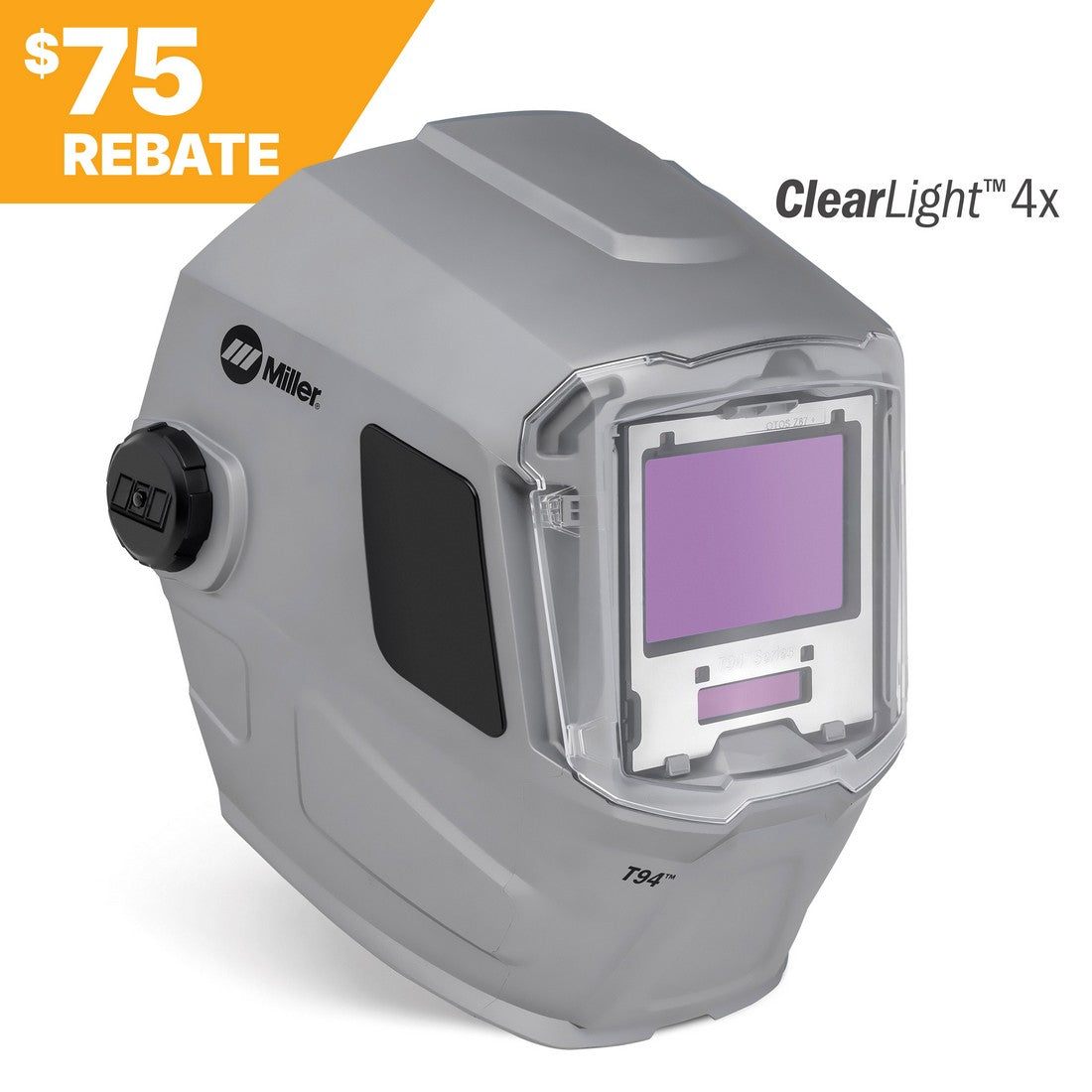 Miller T94i Welding Helmet, sku 296792, ClearLight 4X Lens, 75 rebate label in top left corner.