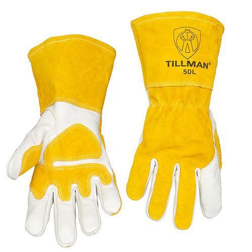 Tillman 50 Top Grain Cowhide MIG Welding Gloves, yellow/white with black Tillman logo prominently displayed on the cuffs.