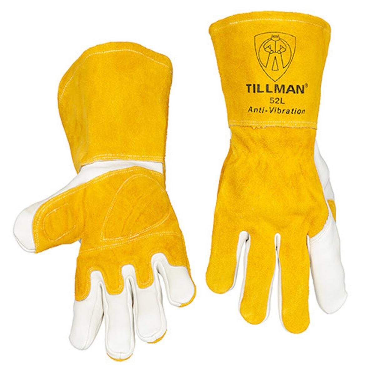 Tillman 52 MIG welding gloves, yellow and white with gel inserts, displayed front and back on a white background.