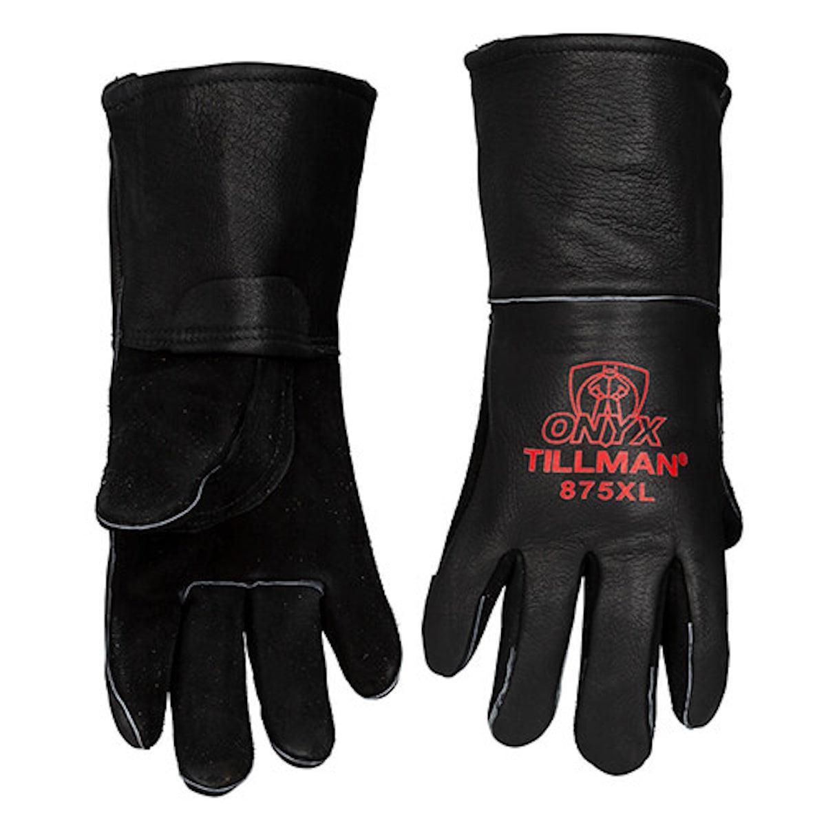 Two Tillman 875 Black Onyx Top Grain Elkskin Welding Gloves, one palm up and one palm down. "ONYX TILLMAN 875XL" and a red logo are printed on the back of one glove.