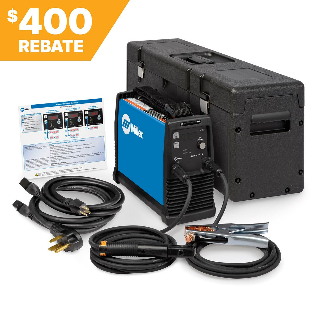 Miller Maxstar 161 S Stick Welder 907709001 with X-Case, cables, carrying case, rebate form, and instruction manual.
