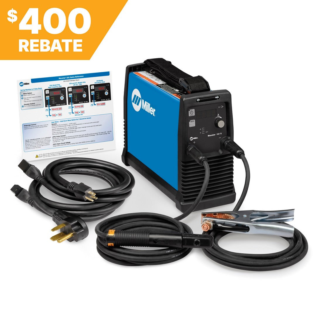 Miller Maxstar 161 S Stick Welder 907709 shown with digital interface, cables visible; 400 rebate banner in corner.