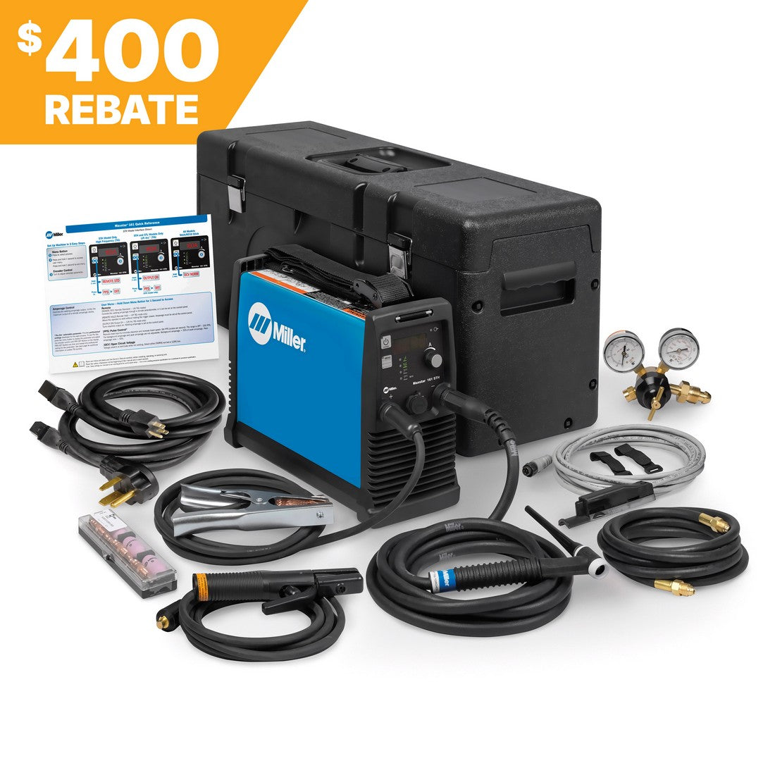Miller Maxstar 161 STH TIG/Stick Welder shown with fingertip control, cables, tools, case and 400 rebate offer.