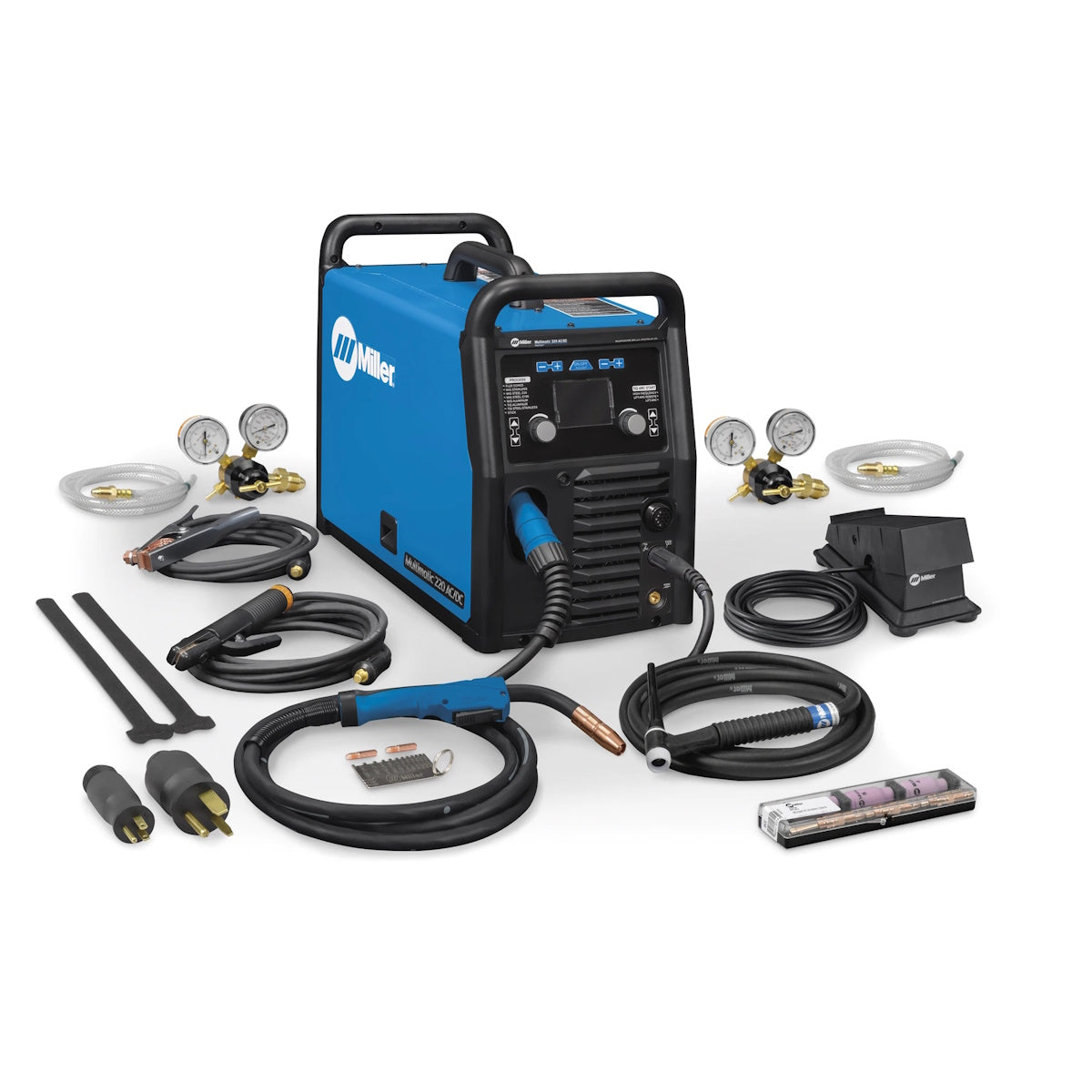 Miller Multimatic 220 AC/DC welder 907757 with cables, gauges, torch, pedal, and accessories displayed around unit.