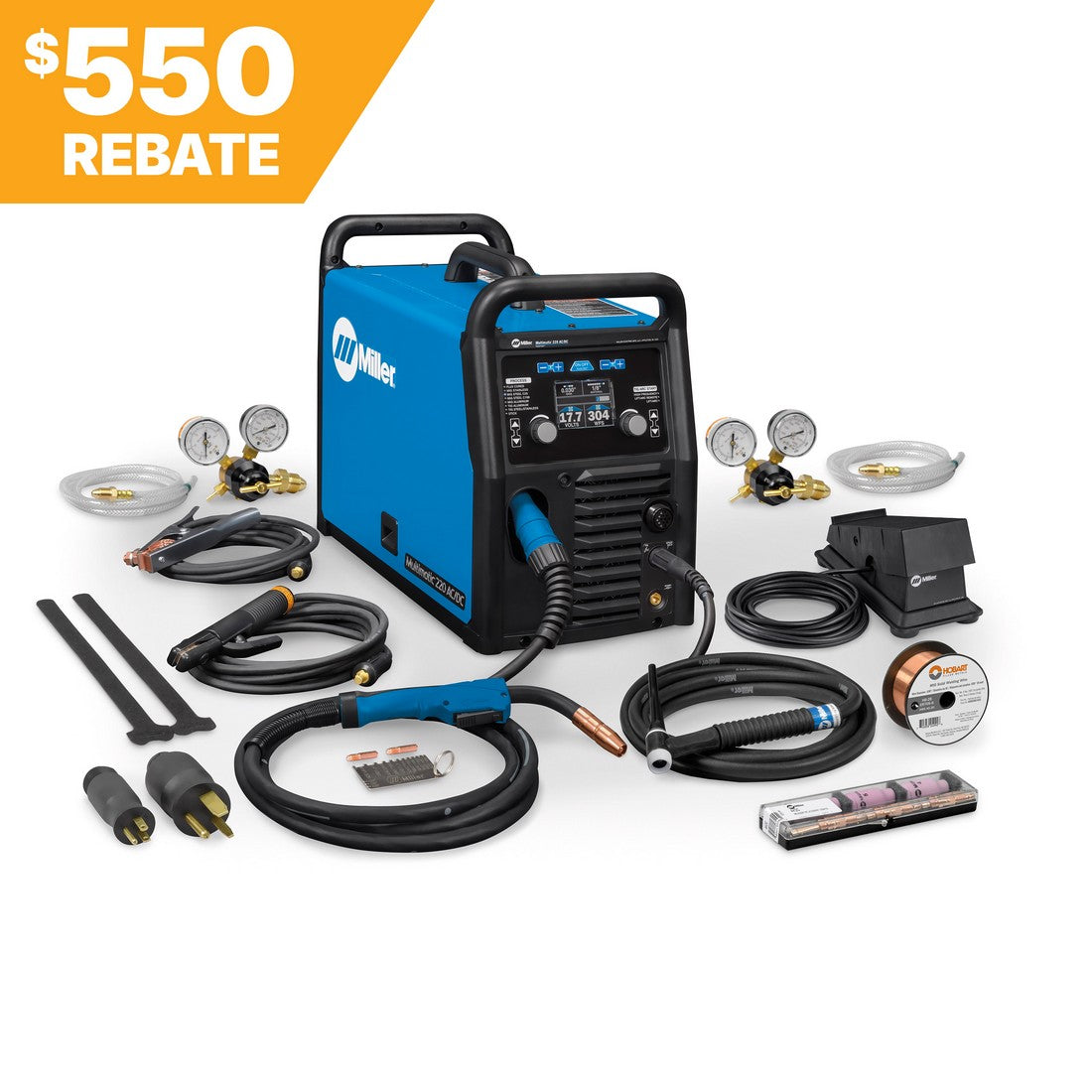 Miller Multimatic 220 AC/DC 907757 multiprocess welder, 550 rebate banner top left. }.