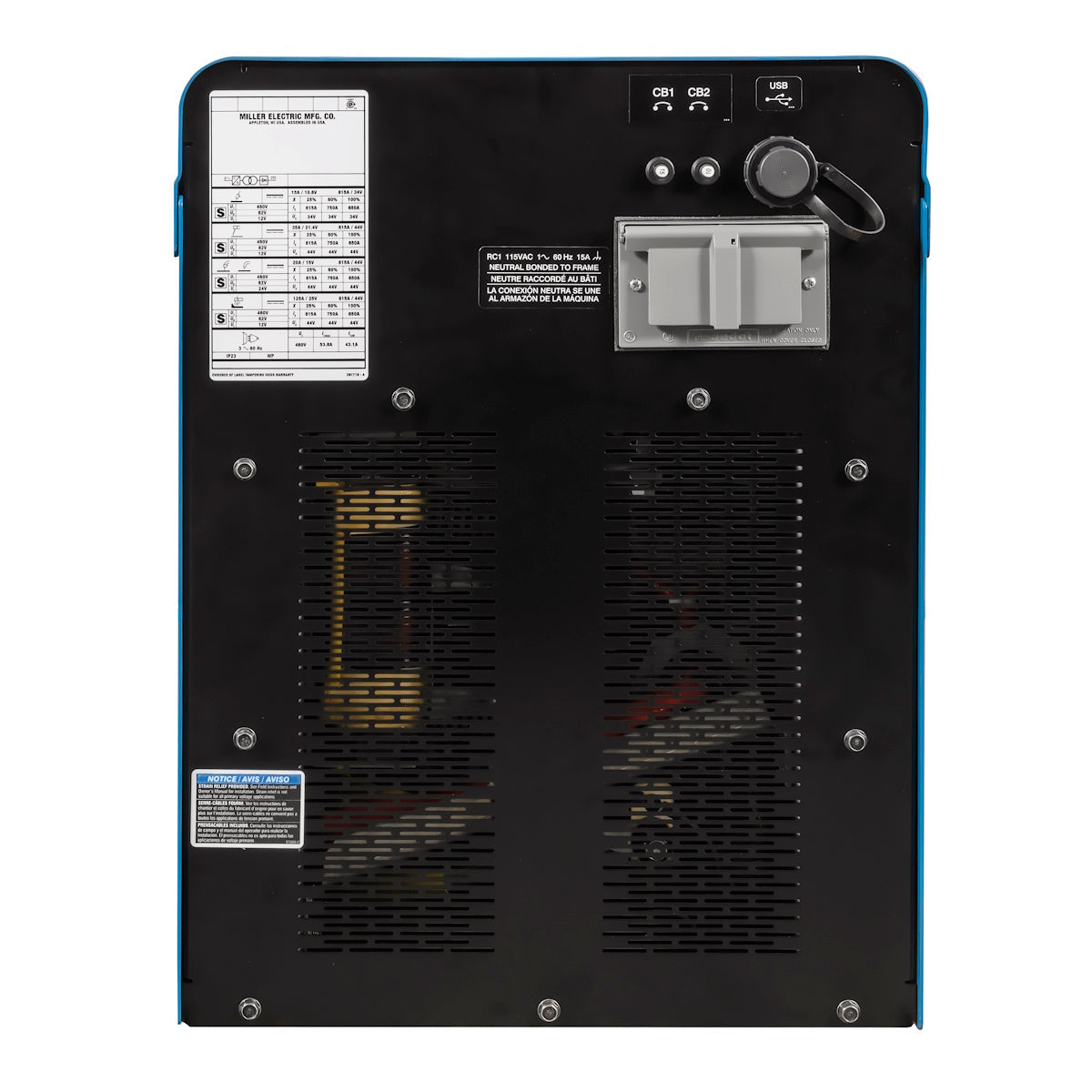 Miller XMT 650 ArcReach 907823 back view showing vents, switches, wiring diagram, and ArcReach technology features.