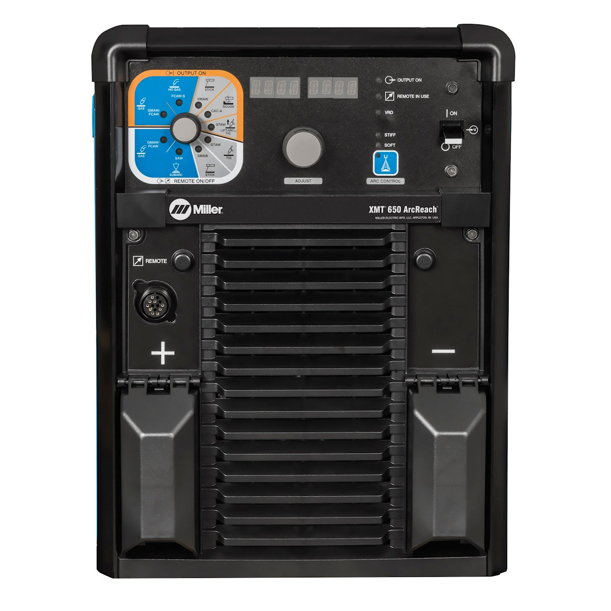 Miller XMT 650 ArcReach 380/460V 907823, front view of control panel, adjustment knobs, and cable length compensation.
