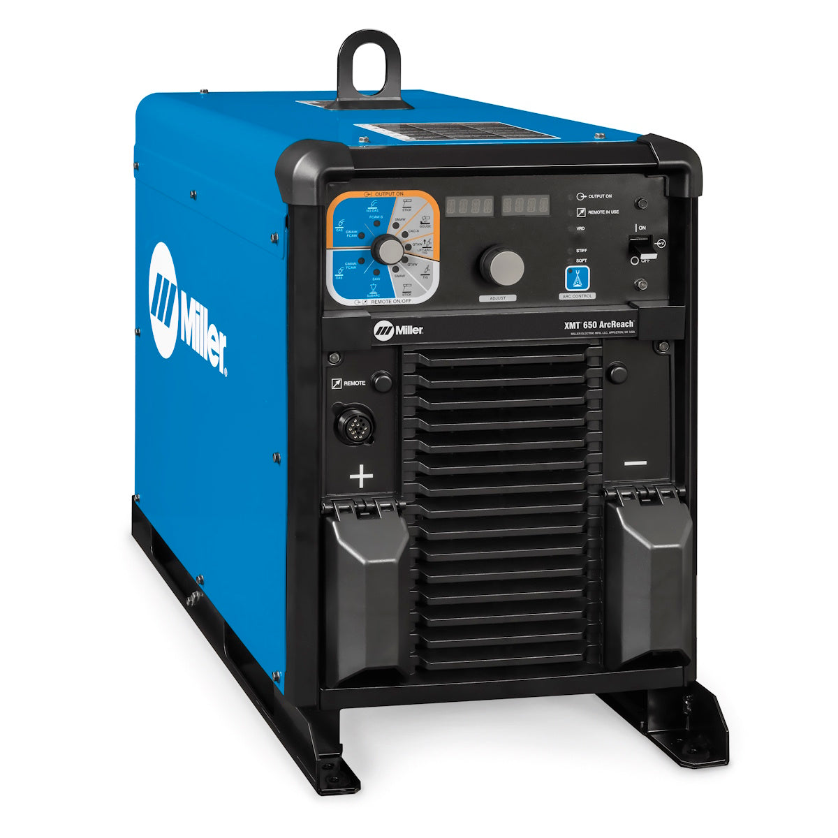 Miller XMT 650 ArcReach 380/460V 907823 welder, blue, with control panel, vents, and a top carrying handle.
