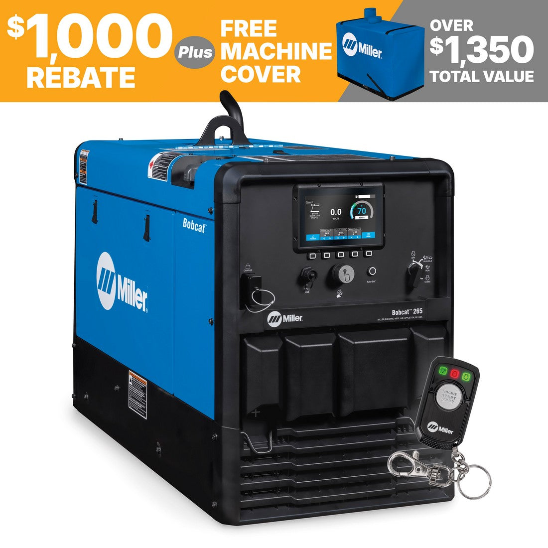 A Miller Bobcat 265 Welder/Generator w/Battery Charge/Crank Assist (907826002) in blue, featured with digital display, remote control, $1,000 rebate promo, free machine cover, and over $1,350 total value.