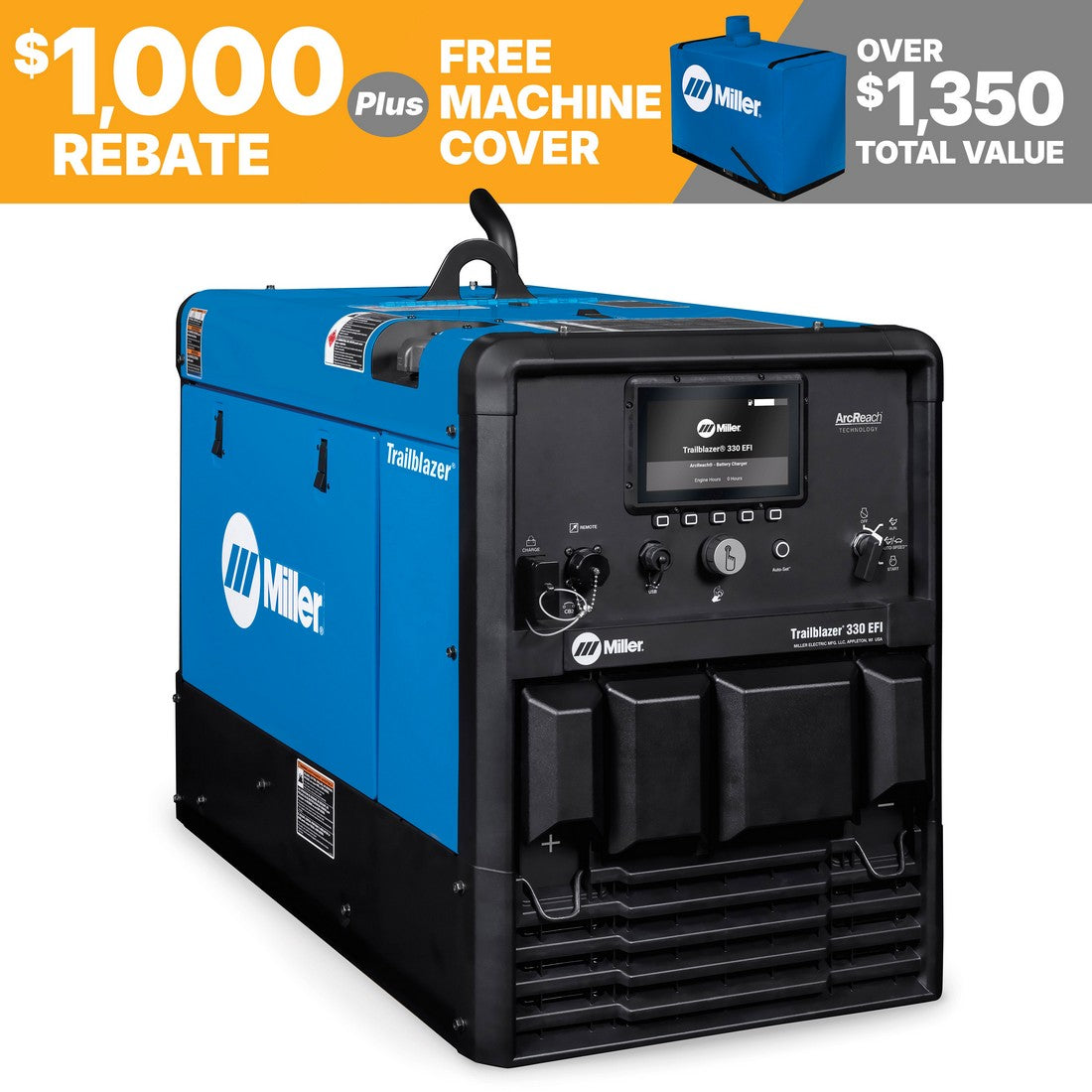 Miller Trailblazer 330 EFI Welder/Generator: Get 1,000 rebate plus free cover—over 1,350 combined value offer.
