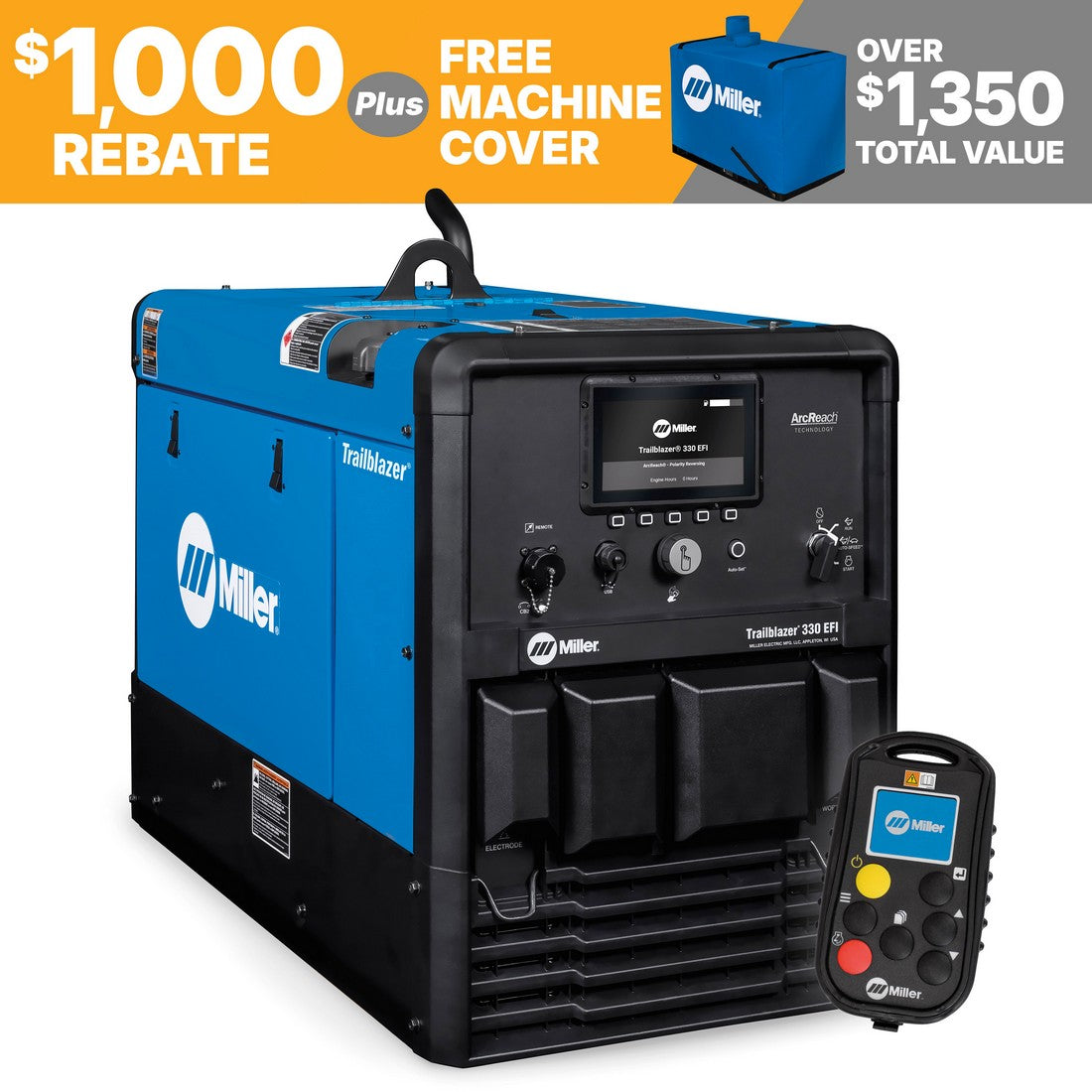 Miller Trailblazer 330 EFI Welder/Generator 907832006 shown in promo with Excel Power, WIC, and Polarity Reversing features.