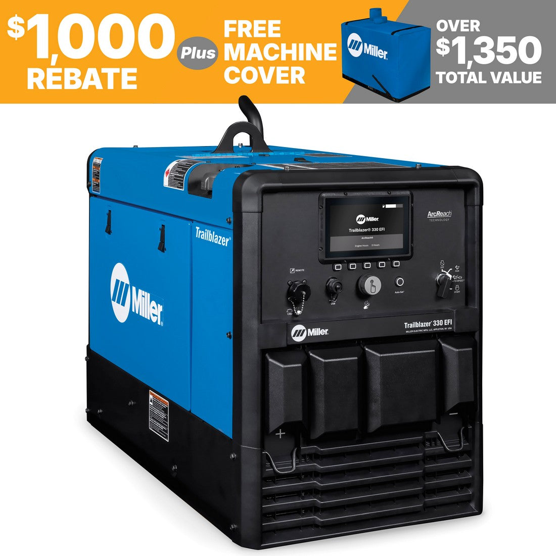 Miller Trailblazer 330 EFI Welder/Generator features 1,000 rebate, free cover; perfect for aluminum spool gun welding.