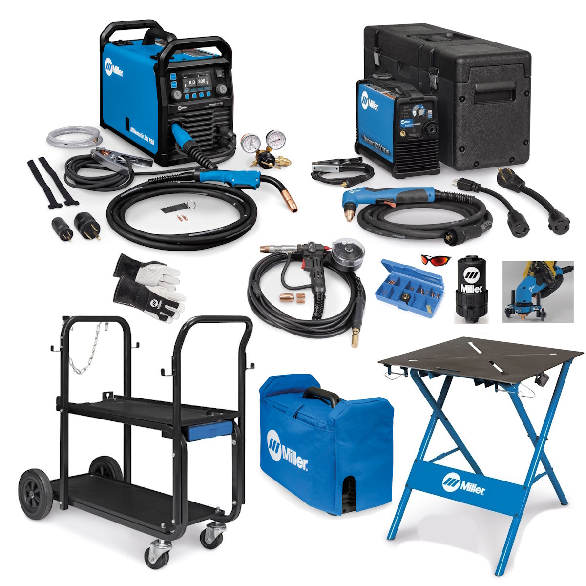 Miller Millermatic 211 PRO and Spectrum 625 Dream Bundle 907839 shown with included cables, cart, and carrying bag.