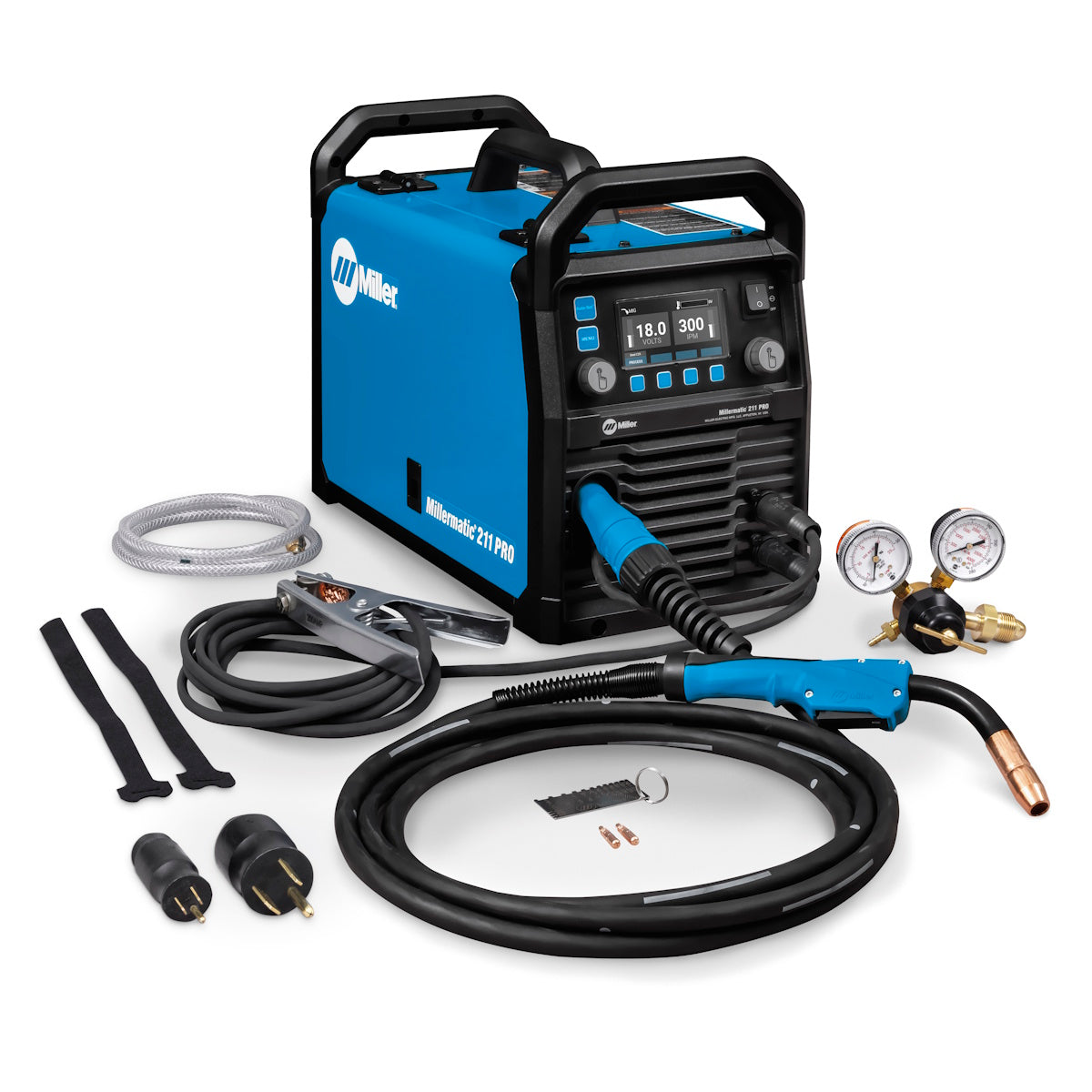 Miller Millermatic 211 PRO and Spectrum 625 Dream Bundle 907839 featuring cables, gauges, hose, and Miller accessories.