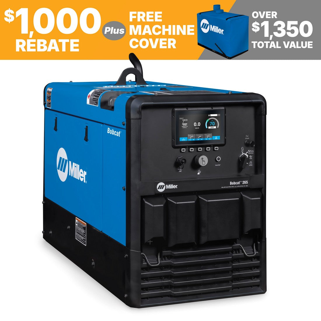 Miller Bobcat 265 Vanguard Welder/Generator 907848: 1,000 rebate free cover, 1,350+ value.