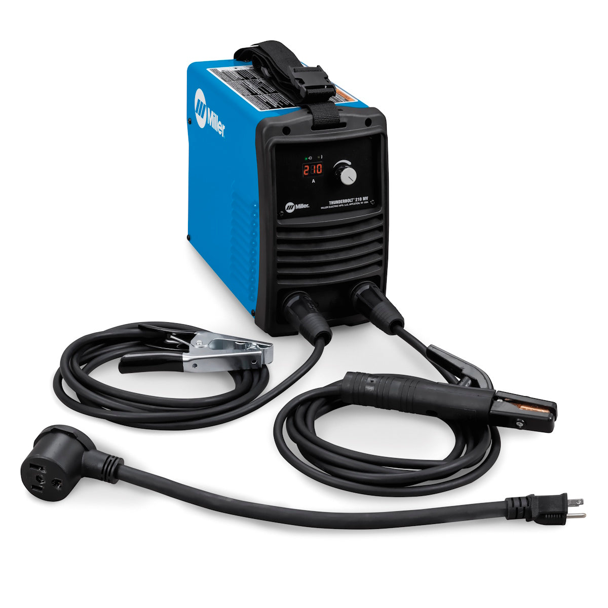 Miller Thunderbolt 210 DC Stick Welder 907909 in blue, complete with cables and clamps, displayed against a white background.