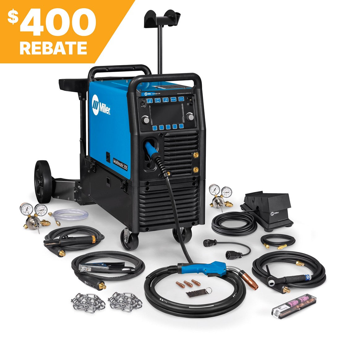 Miller Multimatic 255 Pulsed Multiprocess Welder 951768 with running gear, TIG kit, 400 rebate banner in top left.