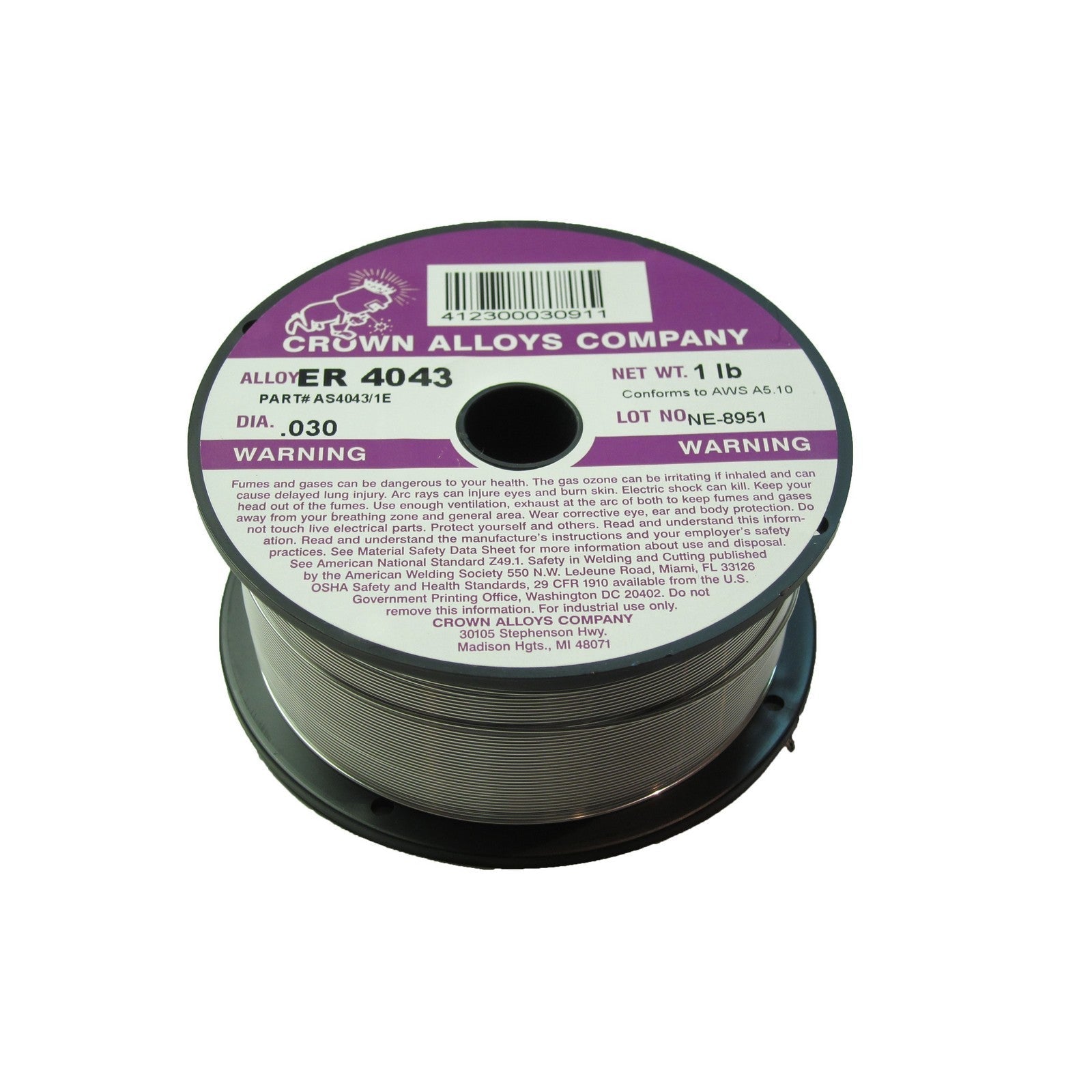 Crown Alloy .030 x 1# ER 4043 Aluminum MIG 1 lb SPOOL (AS4043/1E)