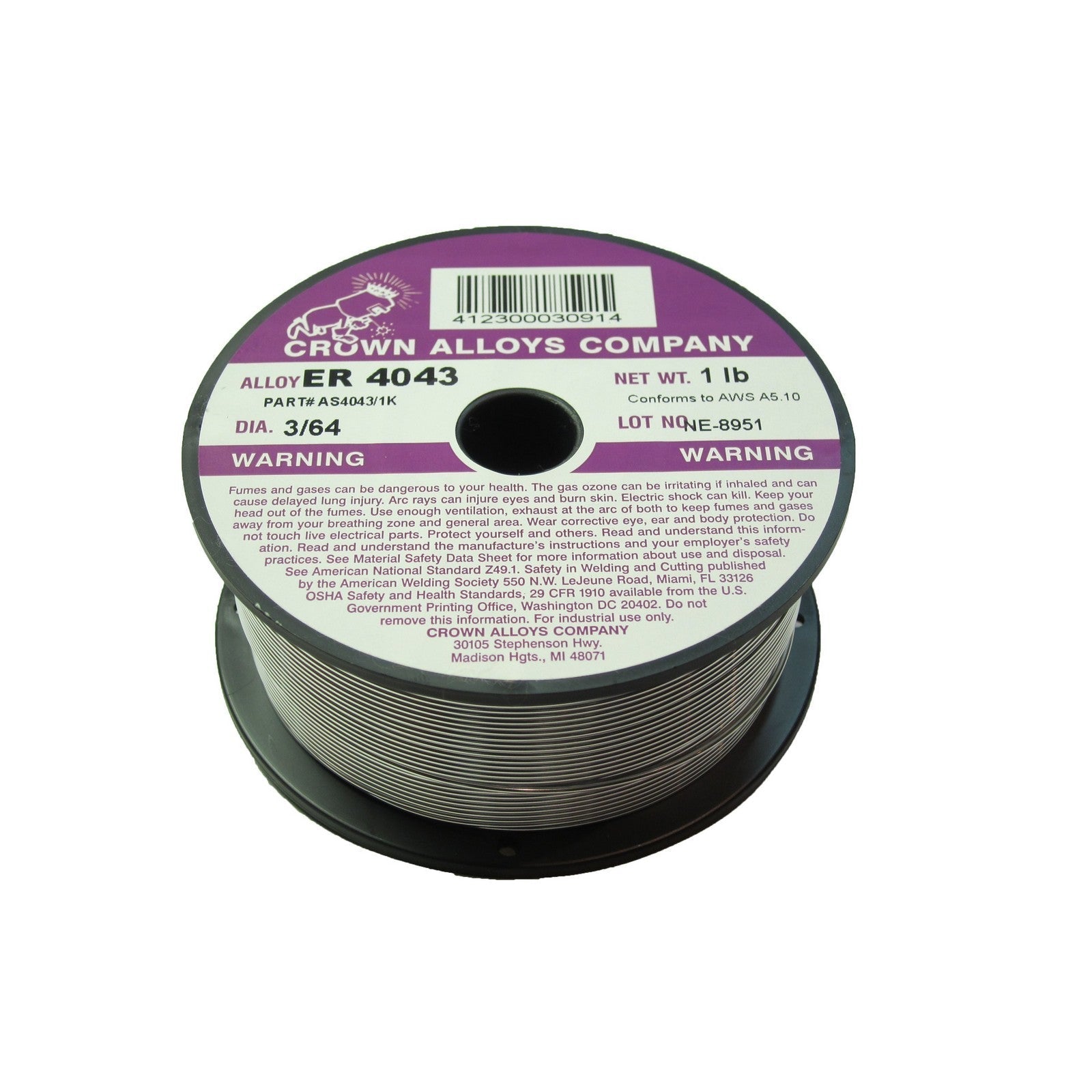 Crown Alloy 3/64 x 1# ER 4043 Aluminum MIG 1 lb SPOOL (AS4043/1K)