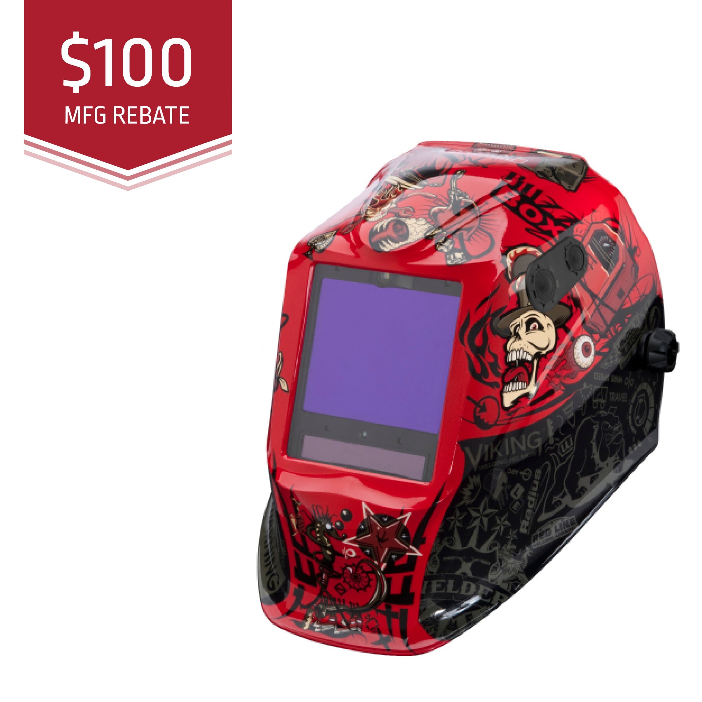 Lincoln Viking 3350 MOJO Welding Helmet K3101-4, red/black graphics, 4C lens, auto-darkening, visible 100 rebate label.