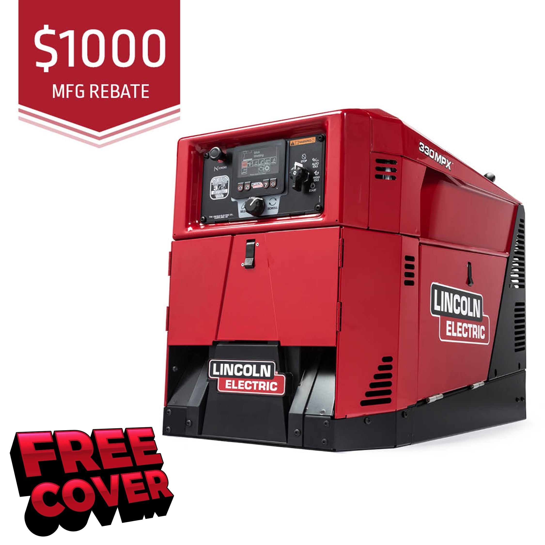 A Lincoln Ranger 330MPX Welder/Generator w/GFCI (K3459-1) in red is shown with a $1000 MFG REBATE banner at the top left, FREE COVER graphic at the bottom left, and its digital control panel visible on the side.