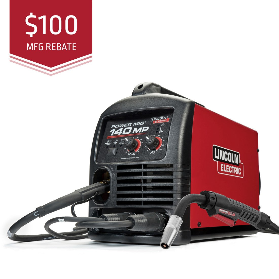 Lincoln Power Mig 140 MP Multi Process Welder K4498-1 with 100 rebate banner in top left corner.