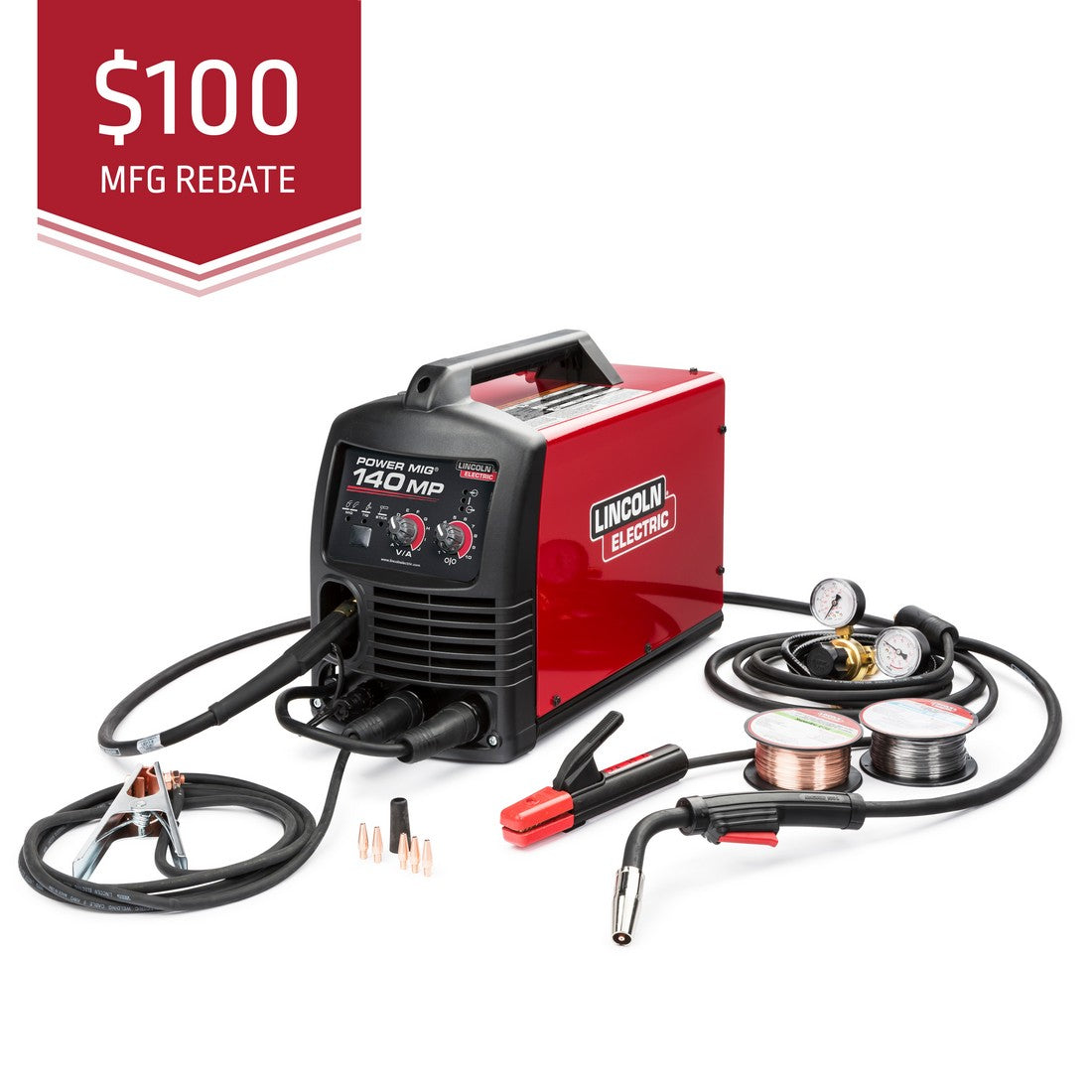 Lincoln Power Mig 140 MP Multi Process Welder TIG One-Pak K4499-1 shown with cables, clamps, spools 100 rebate badge.
