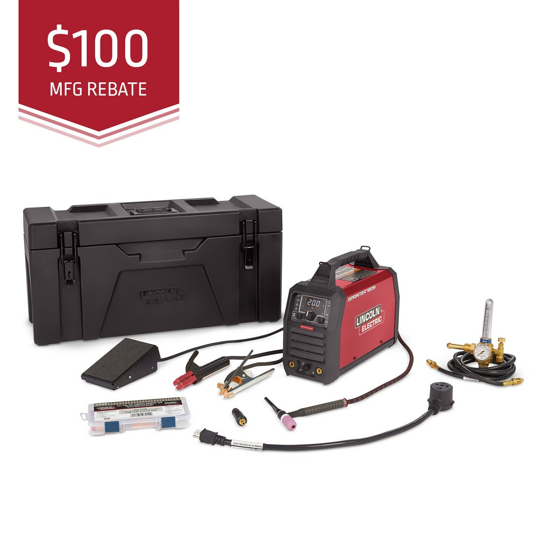 Lincoln Sprinter 180Si Stick/Tig Welder One-Pak w/Foot Pedal K5585-2 product, 100 MFG rebate banner top left.