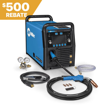 Miller Millermatic 255 MIG/Pulsed MIG Welder 907734 shown with accessories; 500 rebate highlighted in top left corner.
