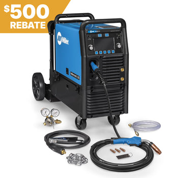 Miller Millermatic 255 MIG/Pulsed MIG Welder with included gear, hoses, gauges; 500 rebate text in upper left corner.