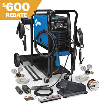 Miller Multimatic 220 AC/DC Welder w/Dual Cylinder Cart; yellow top left banner highlights 600 rebate offer.