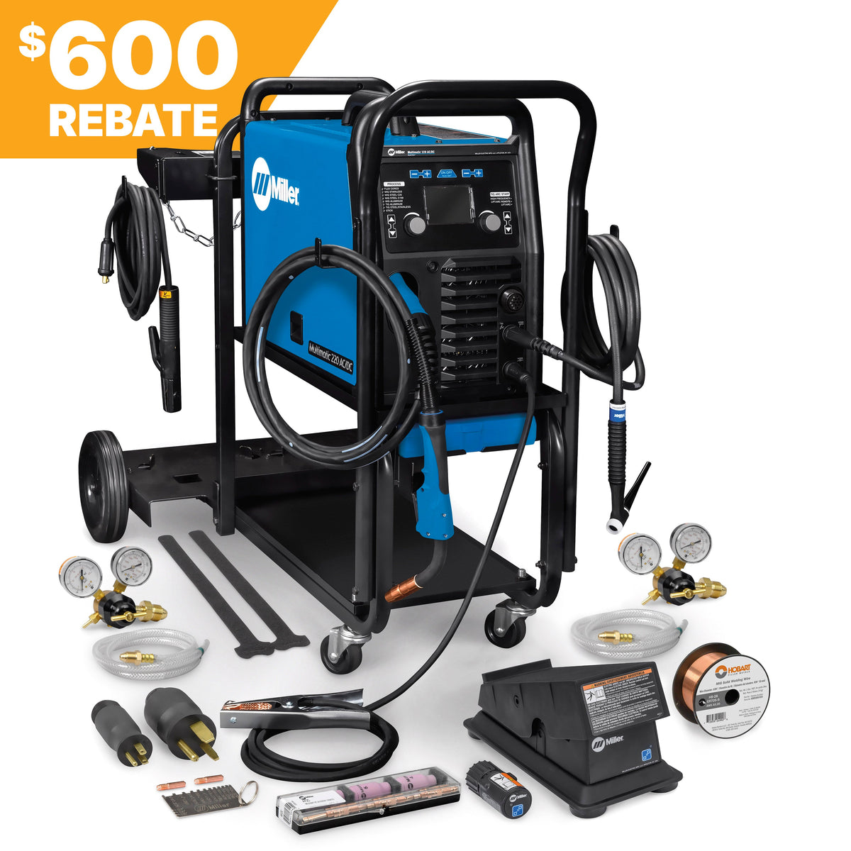 Miller Multimatic 220 AC/DC Welder with dual cart and wireless foot control; 600 rebate banner displayed in corner.