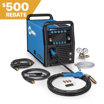 Miller Multimatic 255 Pulsed Multiprocess Welder 208-575V shown with included cables, hose, gauges, and 500 rebate banner.