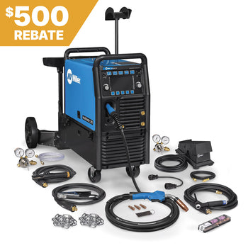 Miller Multimatic 255 Pulsed Multiprocess Welder with running gear and TIG kit; 500 rebate banner in top left corner.