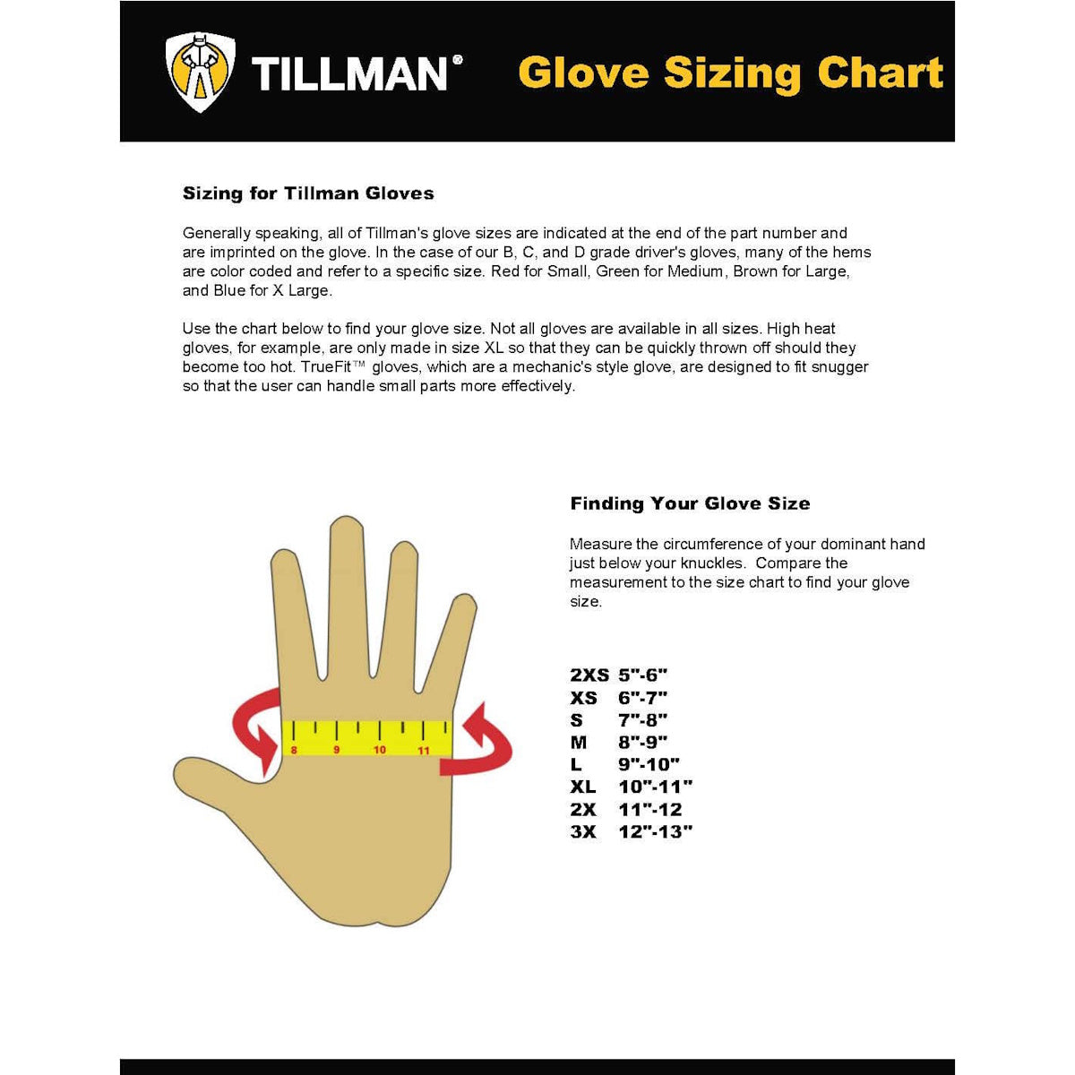 Tillman Glove Sizing Chart featuring a hand with measuring tape and sizes 2XS–3XL, perfect for selecting Tillman 24C Premium Kidskin TIG Welding Gloves or other premium TIG gloves.