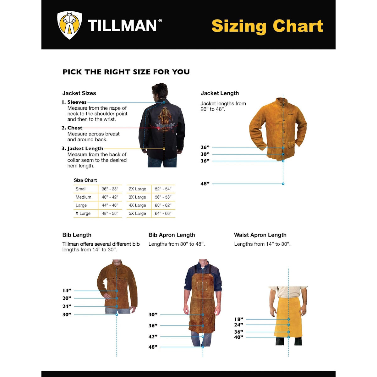 Tillman 3848 Leather Bib Welding Apron sizing chart, measurement guide, and photos of users wearing protective welding gear.