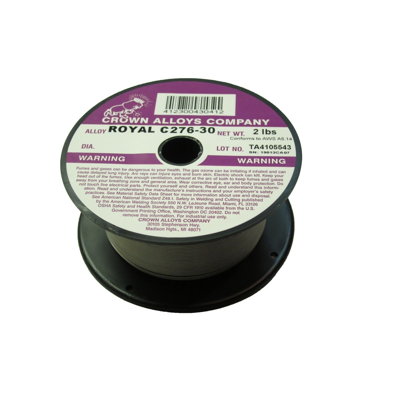 Crown Alloy .045 x 2# ROYAL C276-30 Nickel-Chromium-Moly (ER NiCrMo-4) MIG 2 lb SPOOL (RSC276/1G)