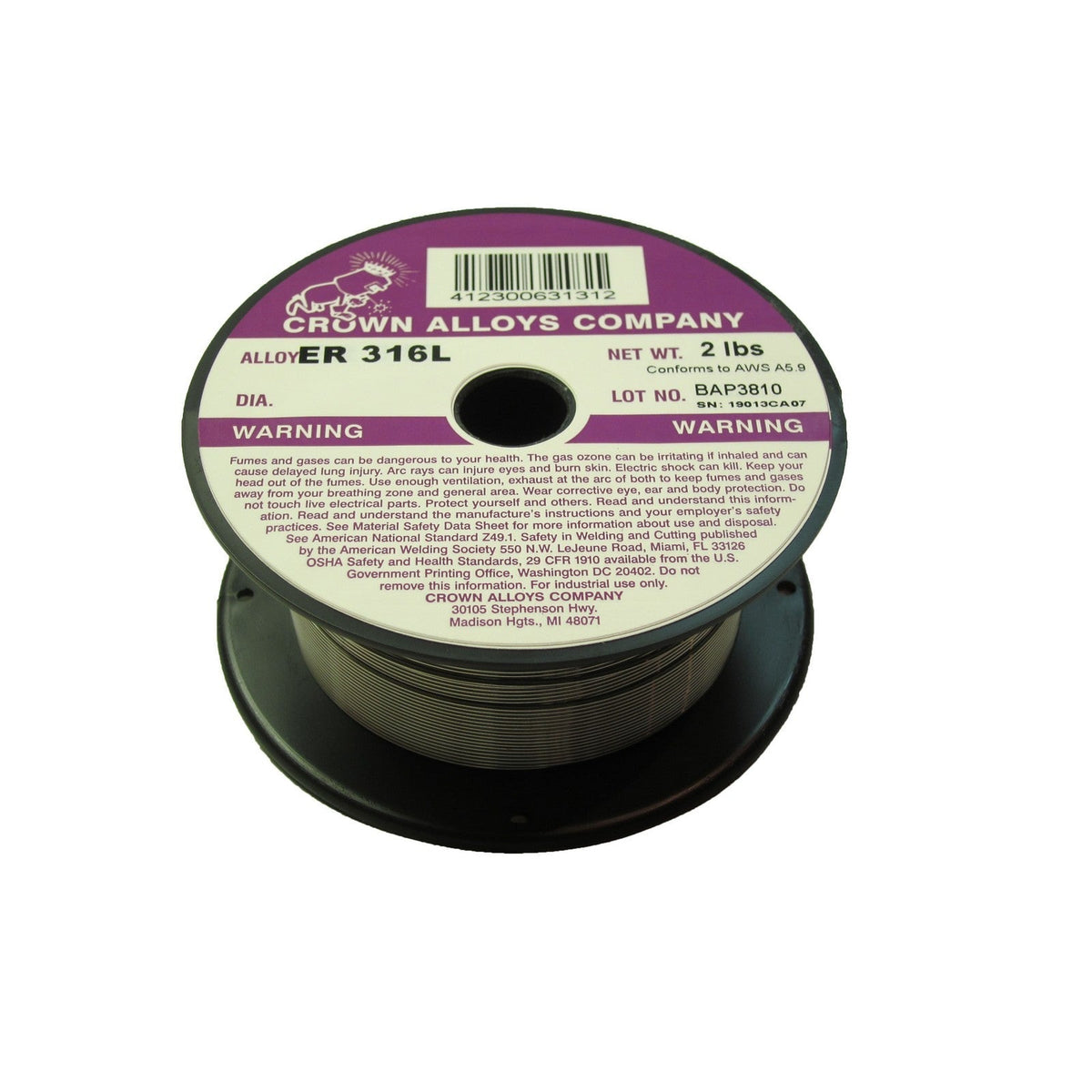 Crown Alloy .045 x 2# ER 316L Stainless Steel MIG 2 lb SPOOL (SS316/1XG)