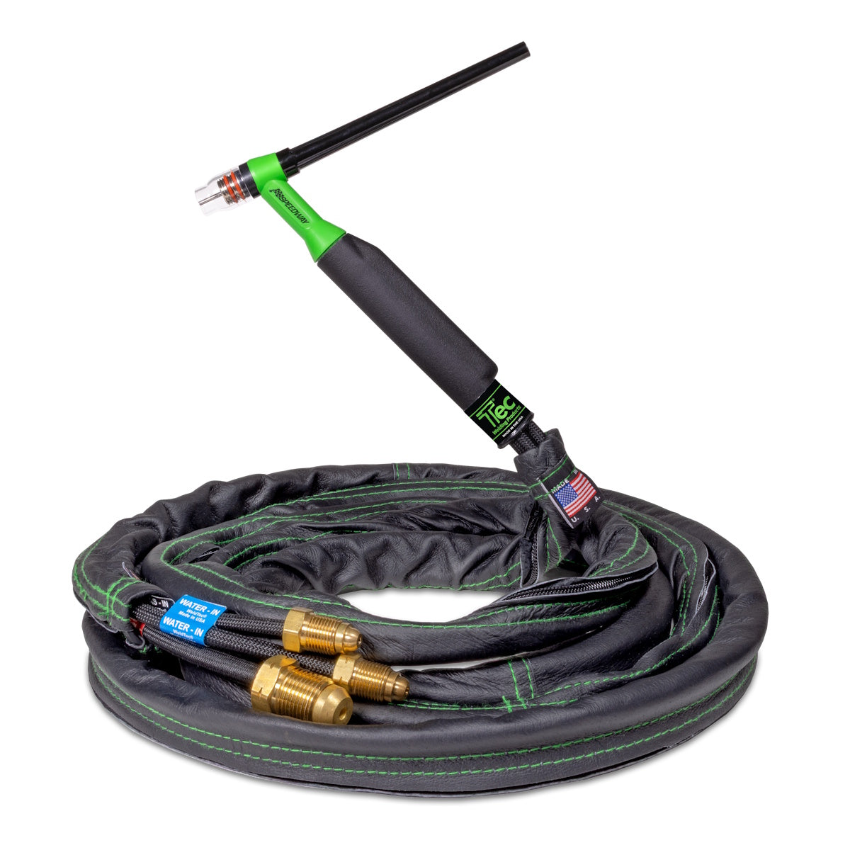 WeldTec 25ft Speedway Deluxe TIG Torch Package SW-320-25DX, water-cooled, features a green handle and coiled black cables.